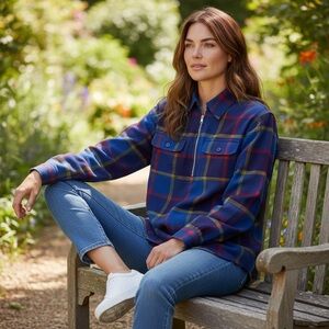 Plaid Zip-Up Shirt in Blue and Red